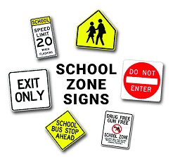 Set of school zone signs with safety messages for traffic control and student protection.